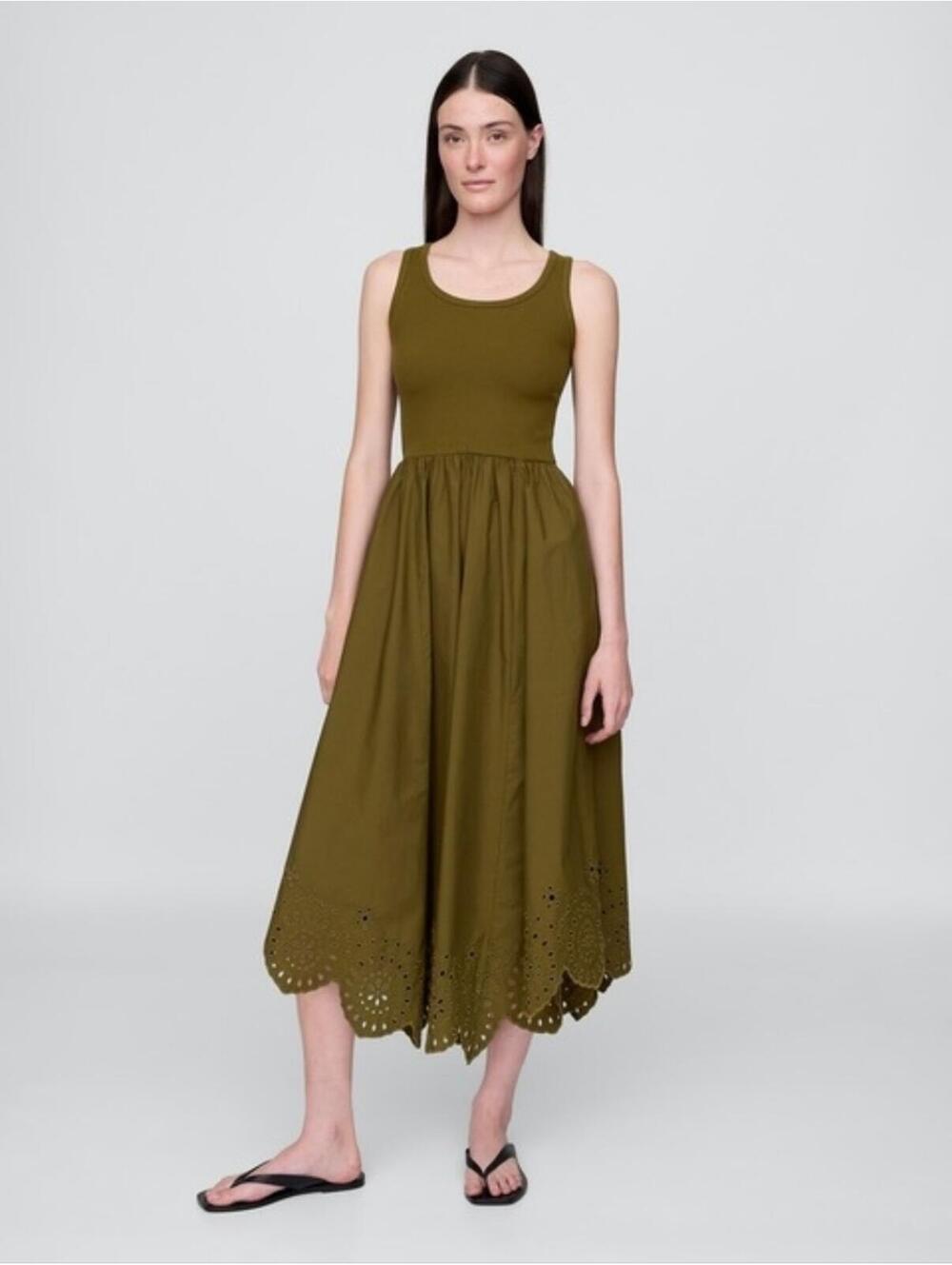 NWOT Gap Mixed Media Handkerchief Hem Midi Dress Olive Green NWT 777577 sundress